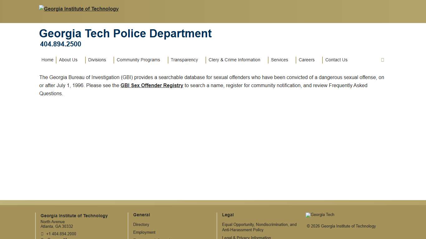 GA Sex Offender Registry Georgia Tech Police Department